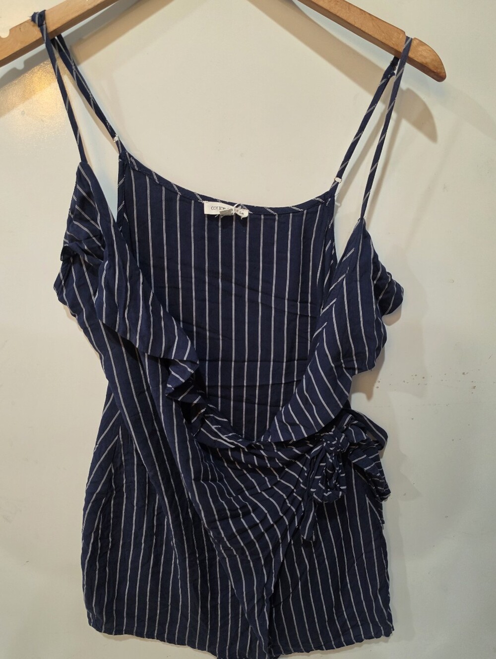 Navy Blue Pinstripe Ruffle Wrap Blouse Spaghetti Straps Cotton Candy LA Boho
